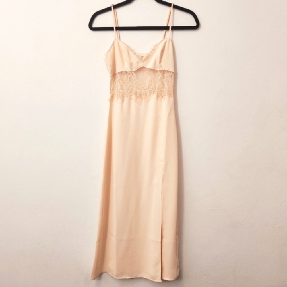 Nordstrom Peach Cream Lace Insert Slip Midi Slit Leg Dress